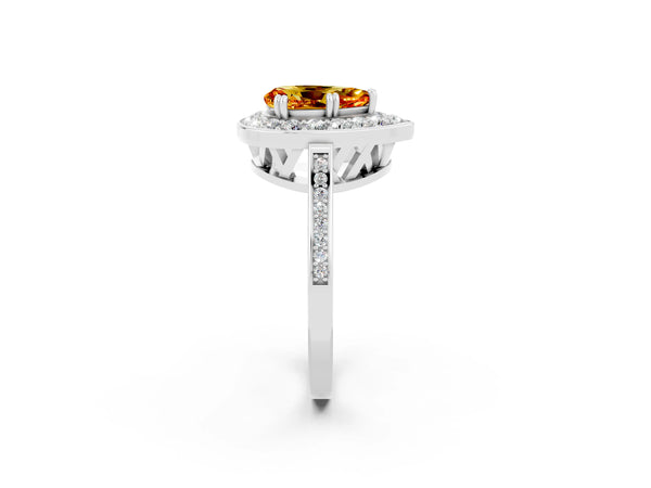 White gold Pear Cut Citrine Halo Ring with Split Shank and Four-Prong Setting