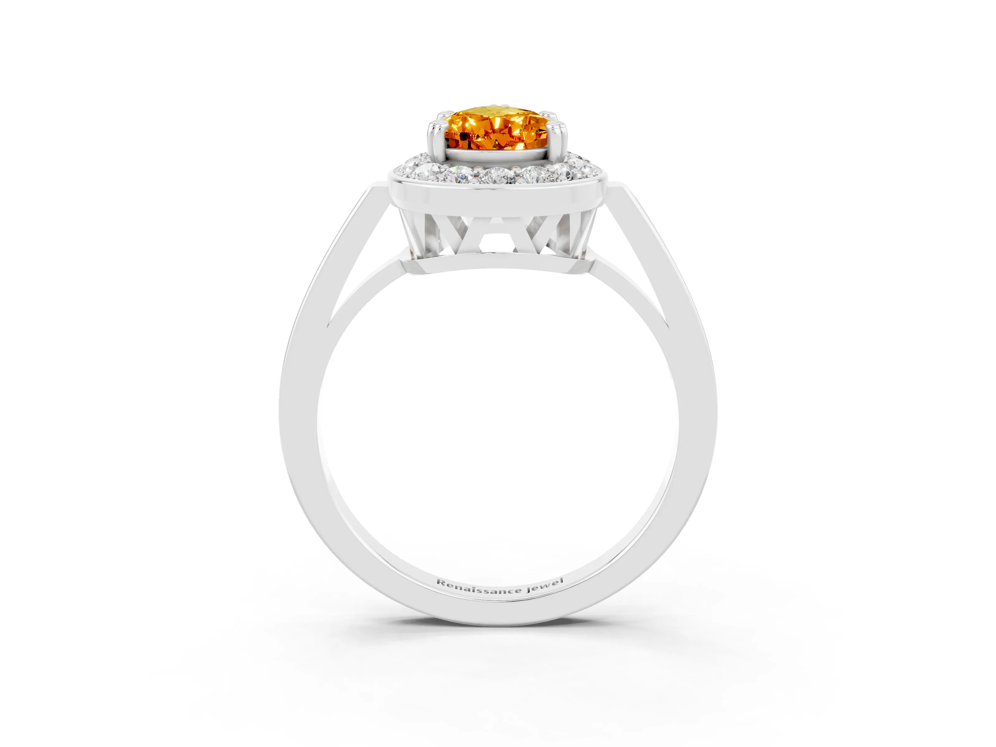 White gold Pear Cut Citrine Halo Ring with Split Shank and Four-Prong Setting_15