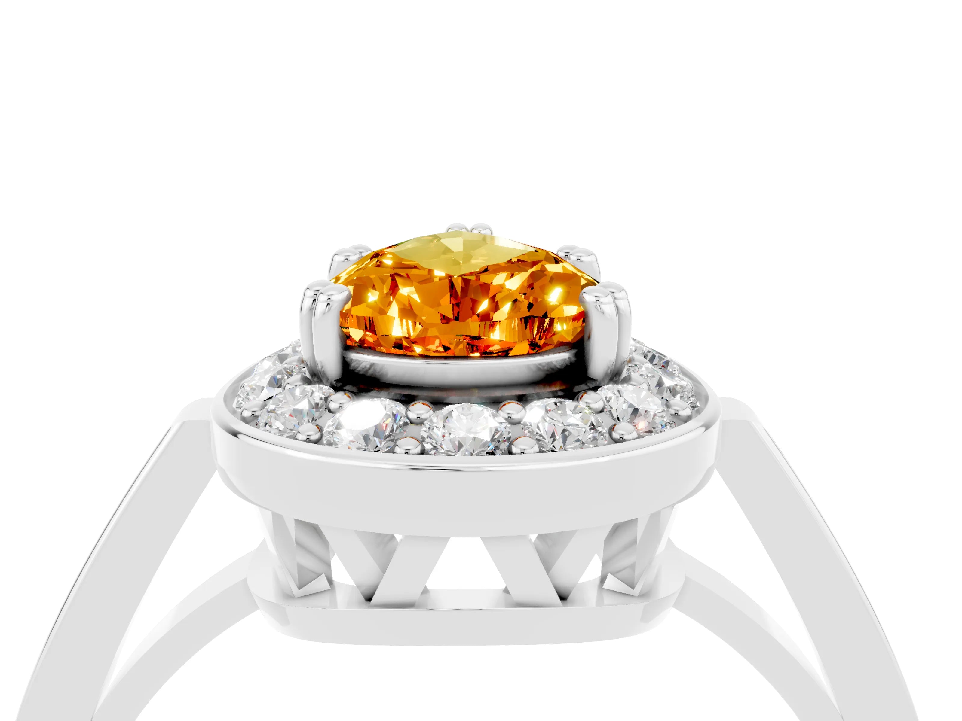 White gold Pear Cut Citrine Halo Ring with Split Shank and Four-Prong Setting_16