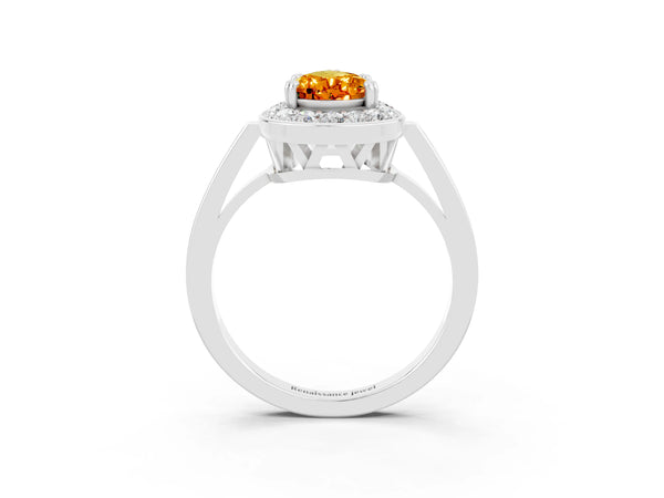 Platinum Pear Cut Citrine Halo Ring with Split Shank and Four-Prong Setting