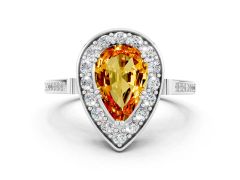 White gold Pear Cut Citrine Halo Ring with Split Shank and Four-Prong Setting