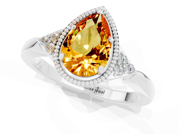 White gold Pear Cut Citrine Halo Ring with Tapered Band and Four-Prong Setting