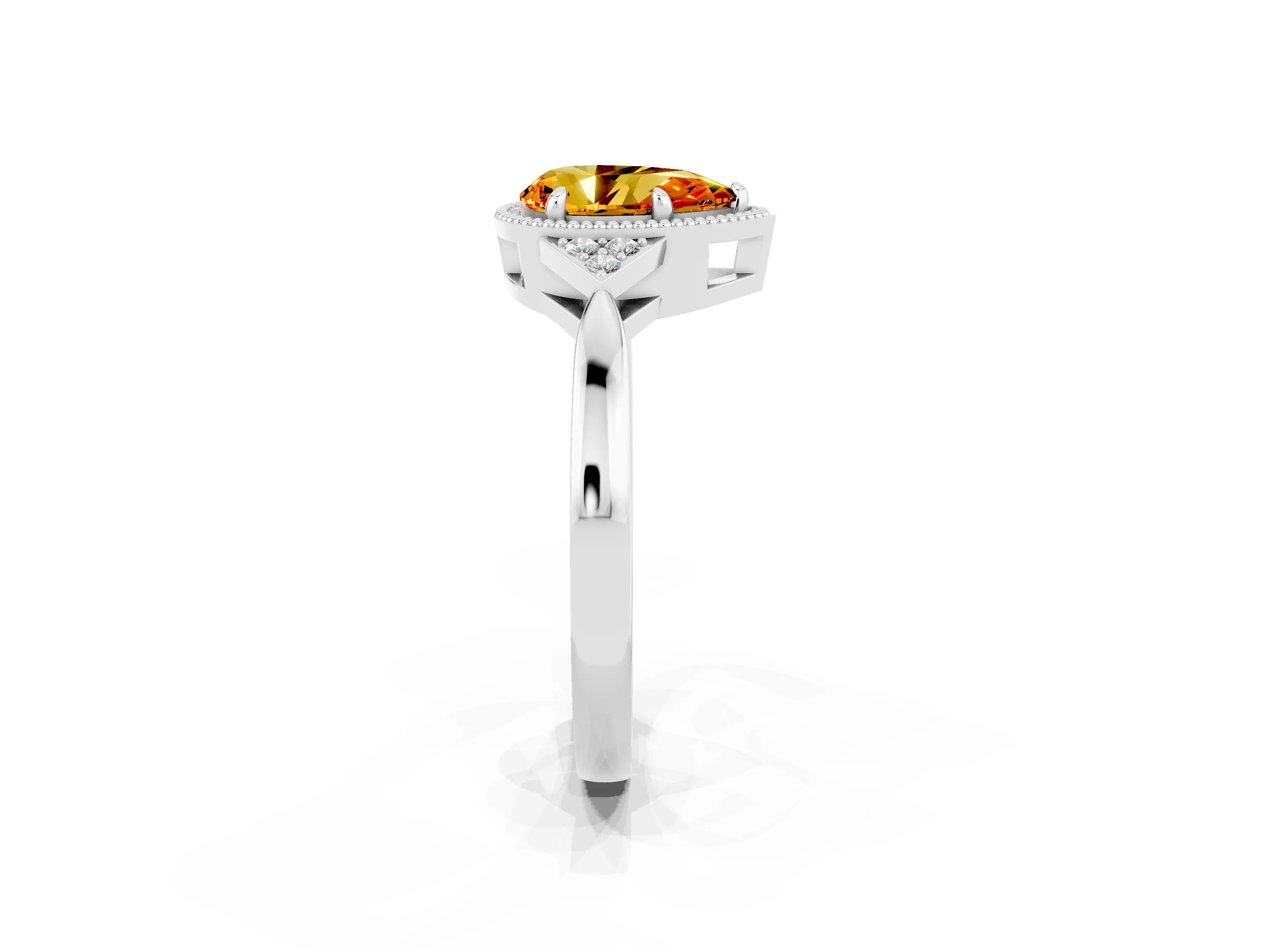 White gold Pear Cut Citrine Halo Ring with Tapered Band and Four-Prong Setting_2