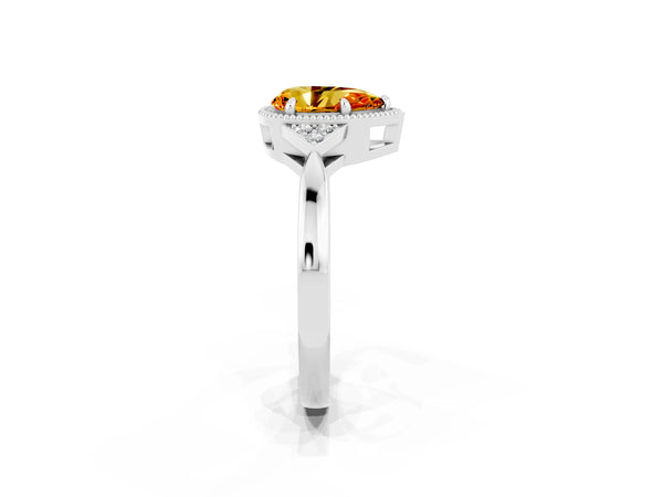Silver Pear Cut Citrine Halo Ring with Tapered Band and Four-Prong Setting