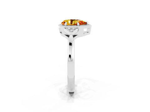 White gold Pear Cut Citrine Halo Ring with Tapered Band and Four-Prong Setting_2