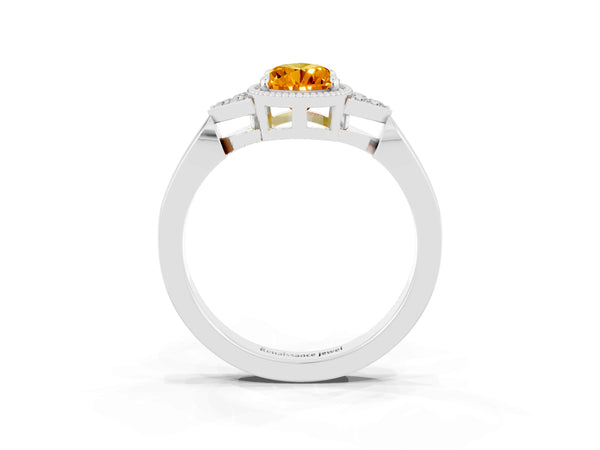 Platinum Pear Cut Citrine Halo Ring with Tapered Band and Four-Prong Setting