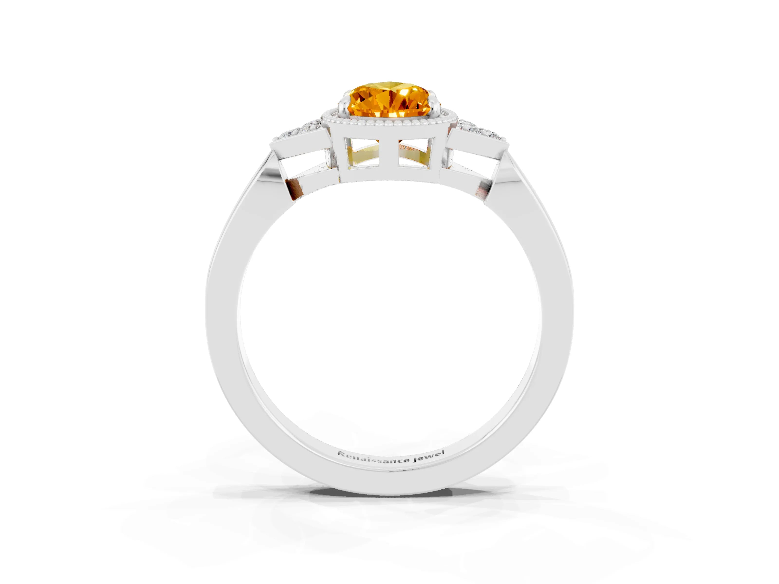 White gold Pear Cut Citrine Halo Ring with Tapered Band and Four-Prong Setting_3