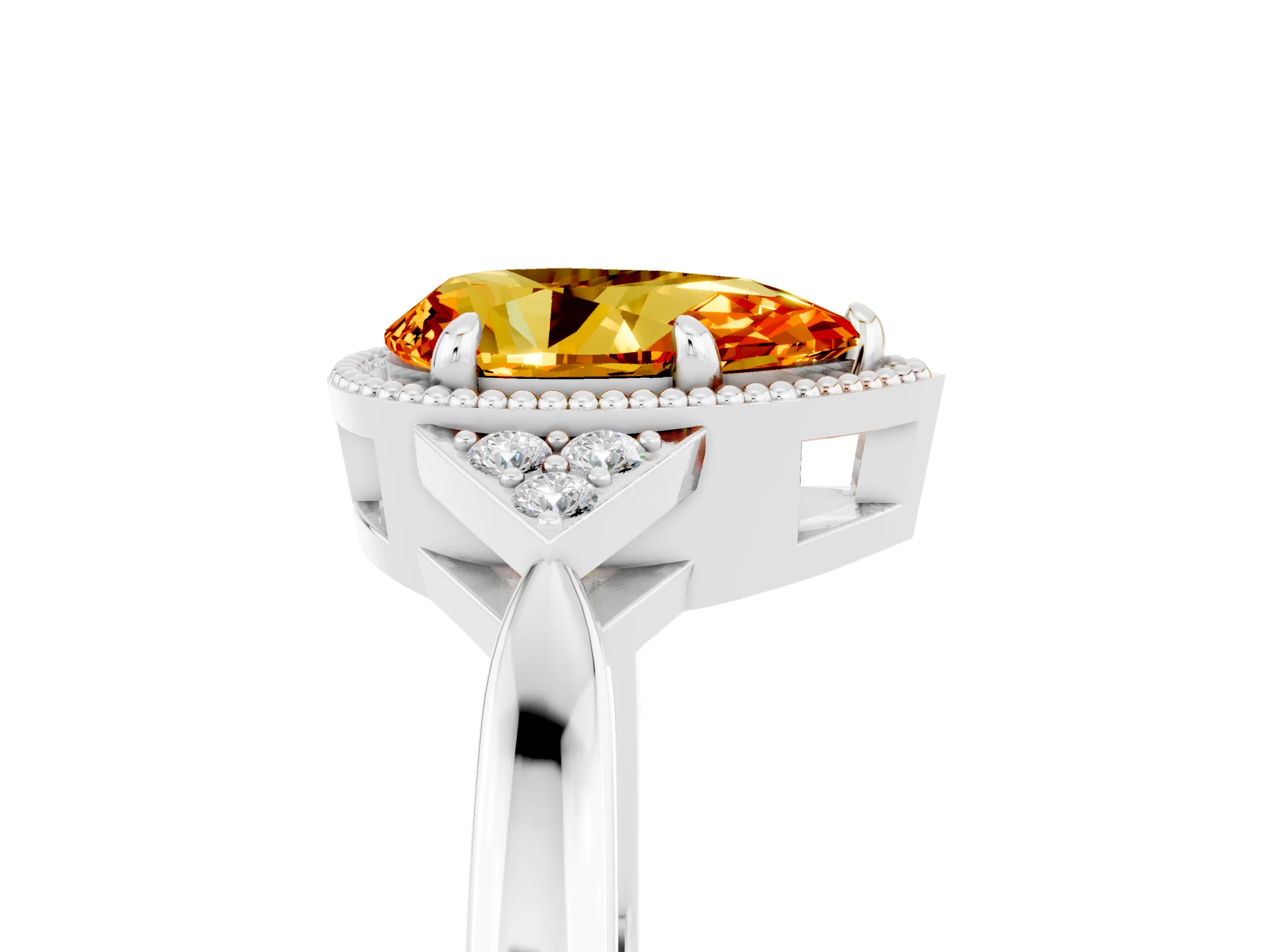 White gold Pear Cut Citrine Halo Ring with Tapered Band and Four-Prong Setting_5