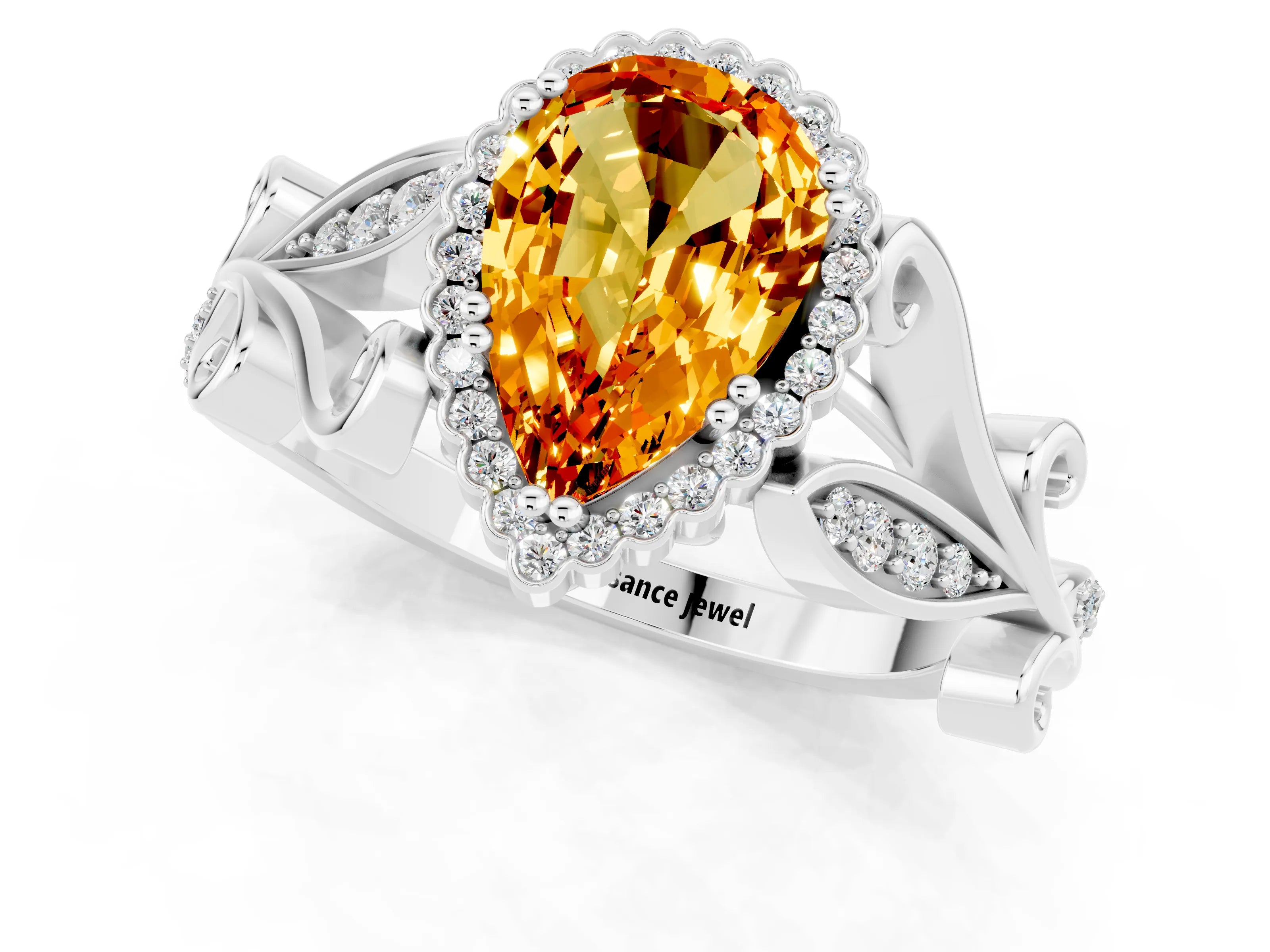 White gold Pear Cut Citrine Halo Ring with Vintage Split Shank and Four-Prong Setting_1