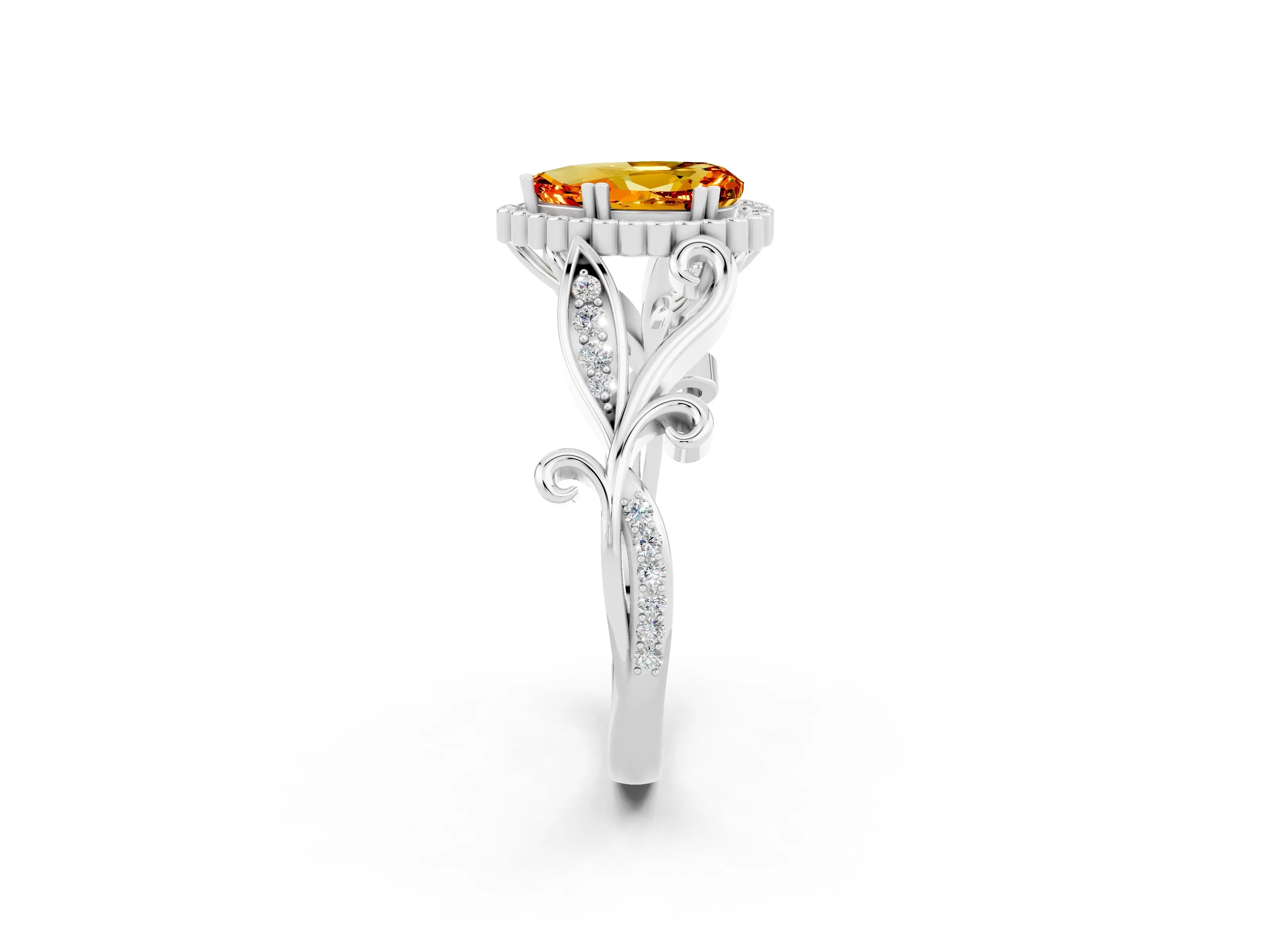 White gold Pear Cut Citrine Halo Ring with Vintage Split Shank and Four-Prong Setting_2