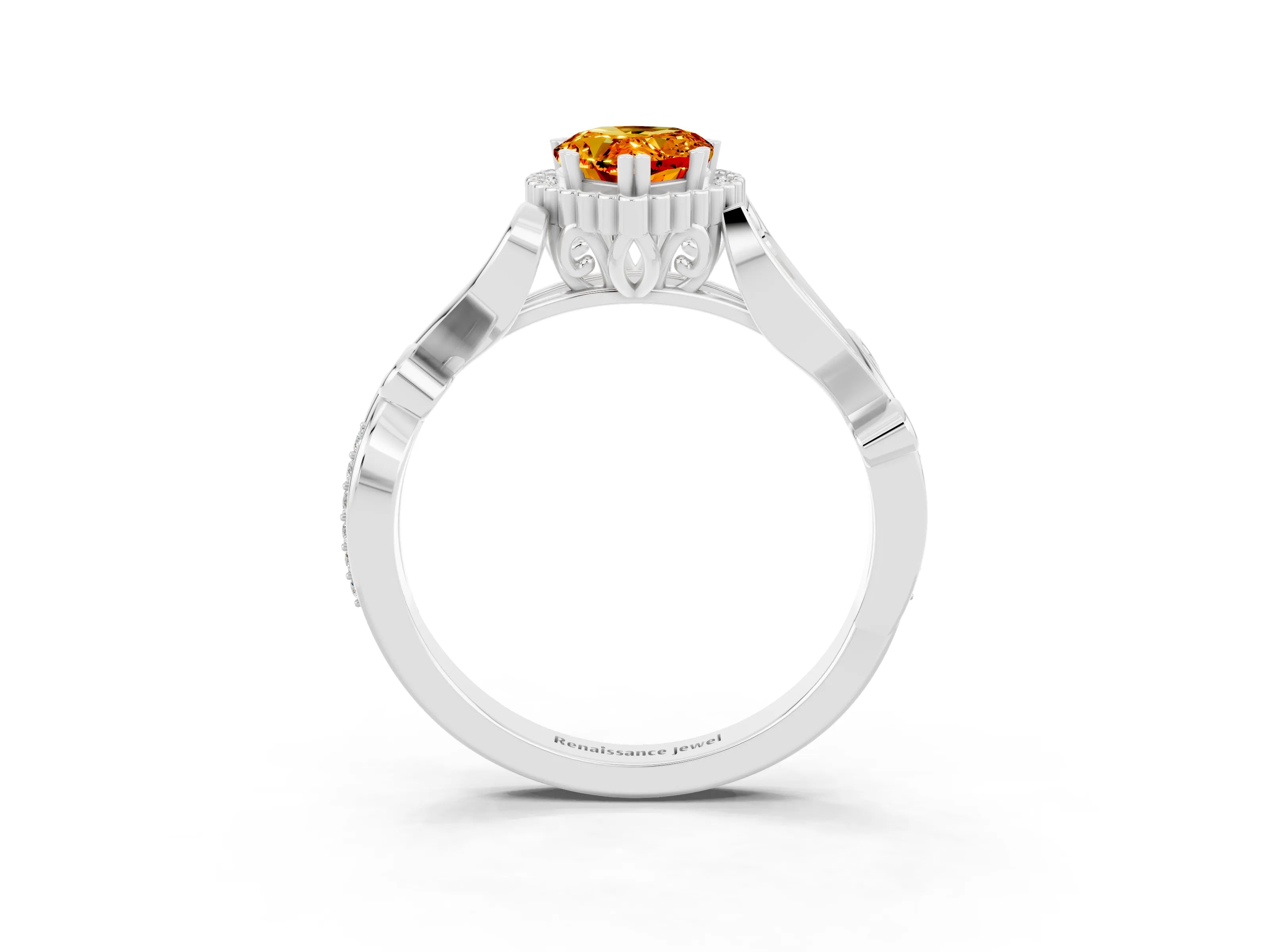 White gold Pear Cut Citrine Halo Ring with Vintage Split Shank and Four-Prong Setting_3