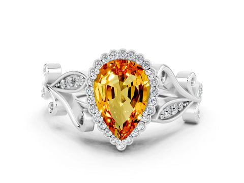 White gold Pear Cut Citrine Halo Ring with Vintage Split Shank and Four-Prong Setting
