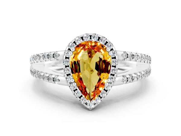 Platinum Pear Cut Citrine Halo Split Shank Engagement Ring