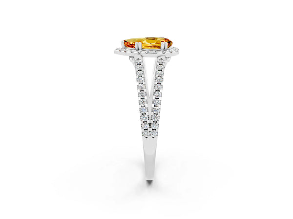 White gold Pear Cut Citrine Halo Split Shank Engagement Ring