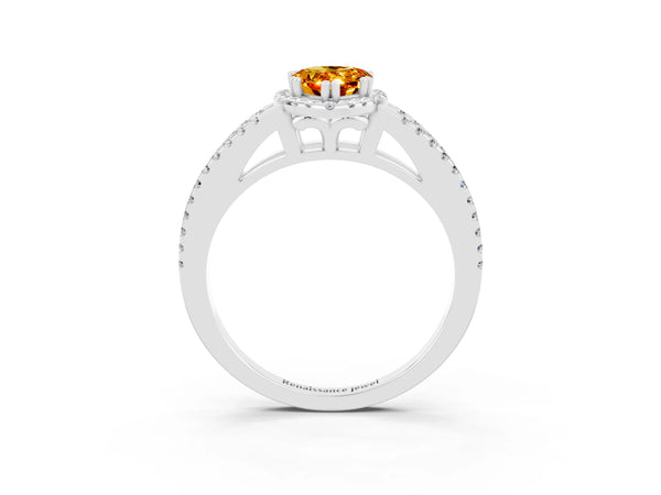 Silver Pear Cut Citrine Halo Split Shank Engagement Ring