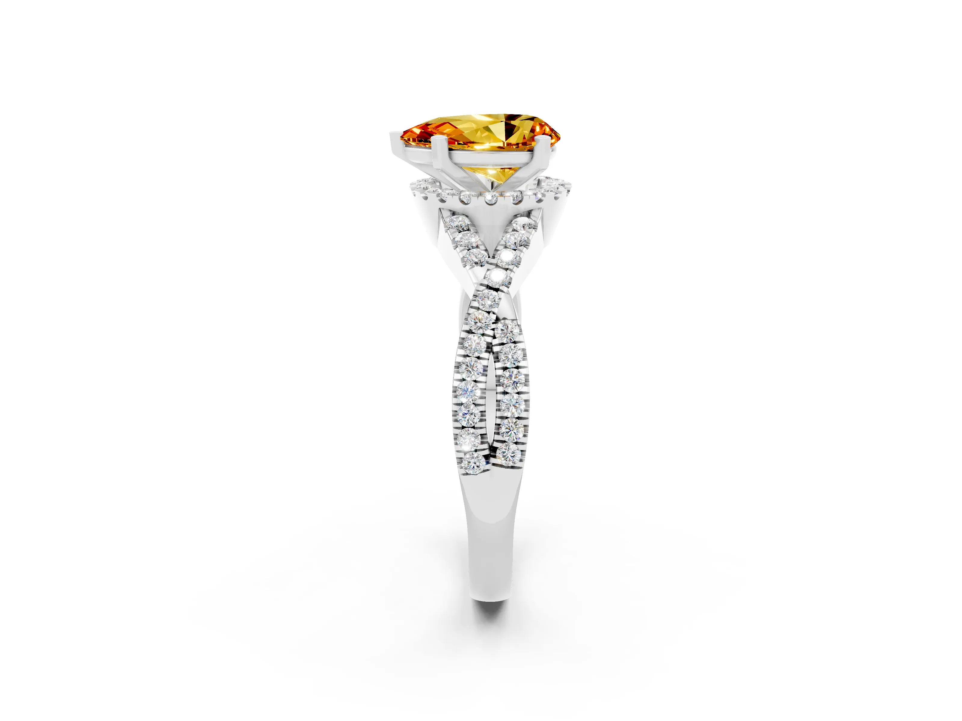 White gold Pear Cut Citrine Halo Twist Band Solitaire Prong Setting Ring_2