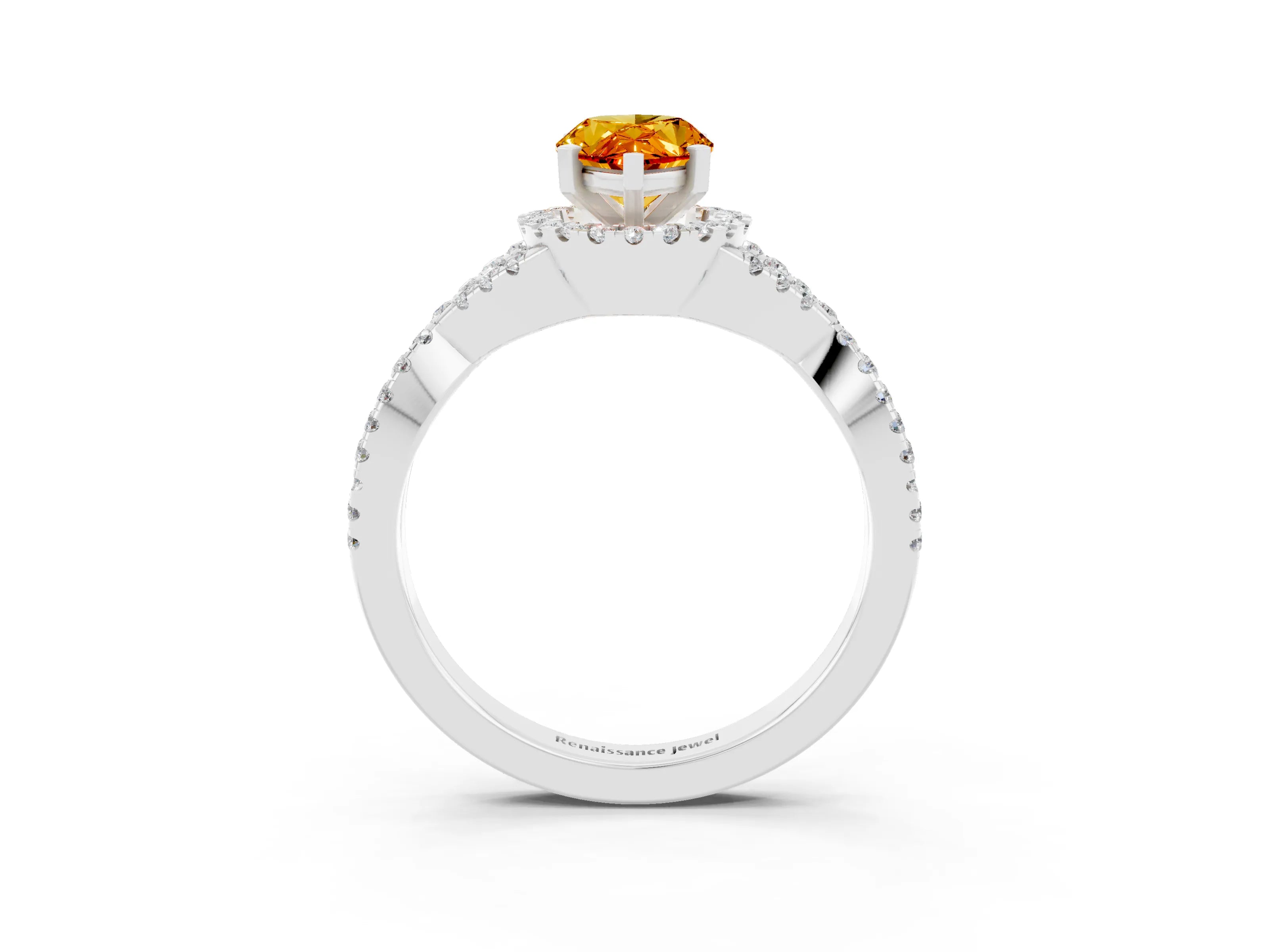 White gold Pear Cut Citrine Halo Twist Band Solitaire Prong Setting Ring_3