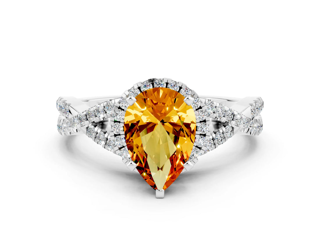 White gold Pear Cut Citrine  Halo Twist Band Solitaire Prong Setting Ring_54