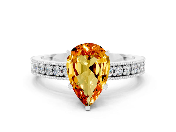 Platinum Pear Cut Citrine Milgrain Pavé Engagement Ring with Four-Prong Setting