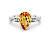 White gold Pear Cut Citrine Milgrain Pavé Engagement Ring with Four-Prong Setting