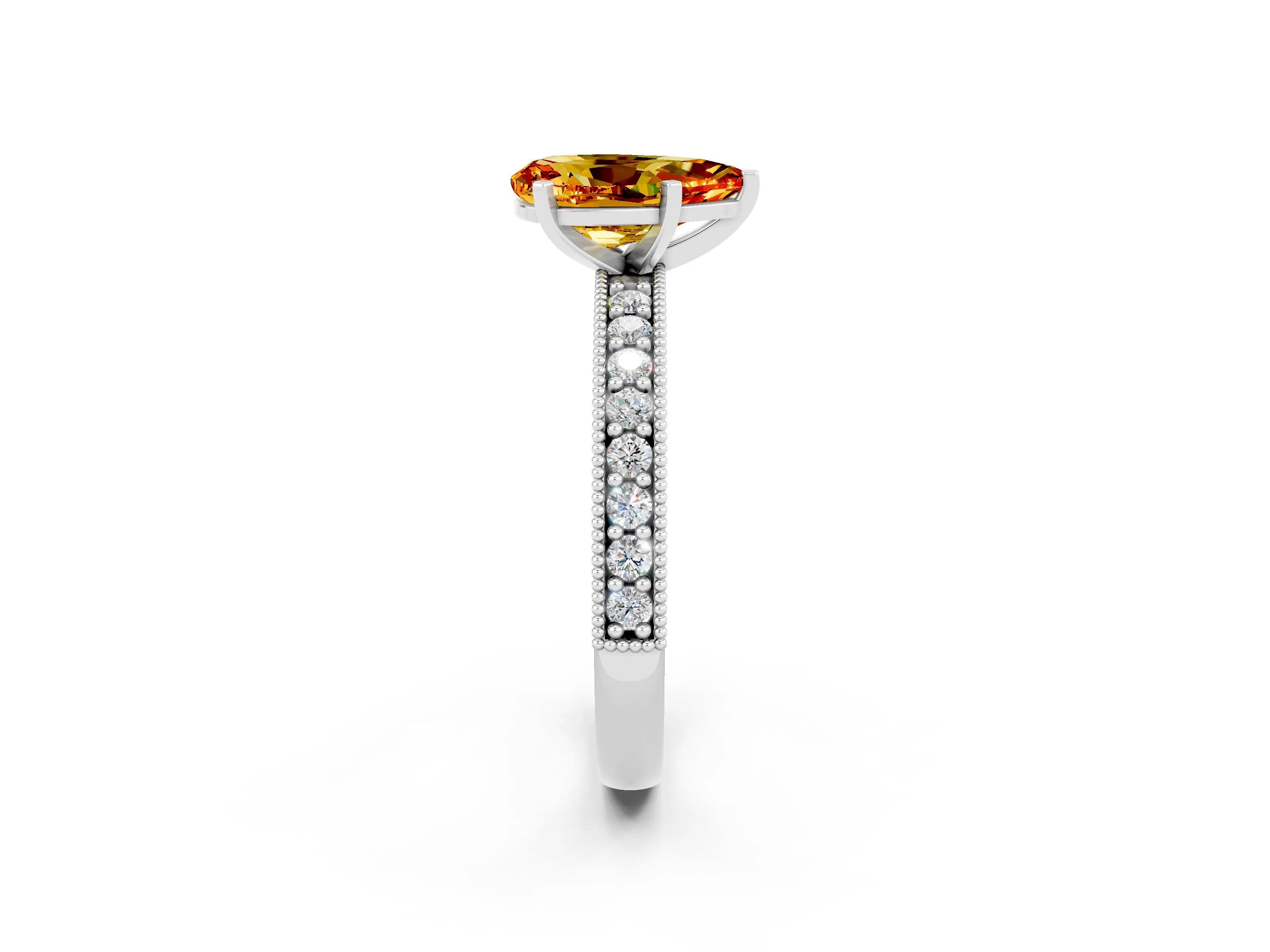 White gold Pear Cut Citrine Milgrain Pavé Engagement Ring with Four-Prong Setting_2