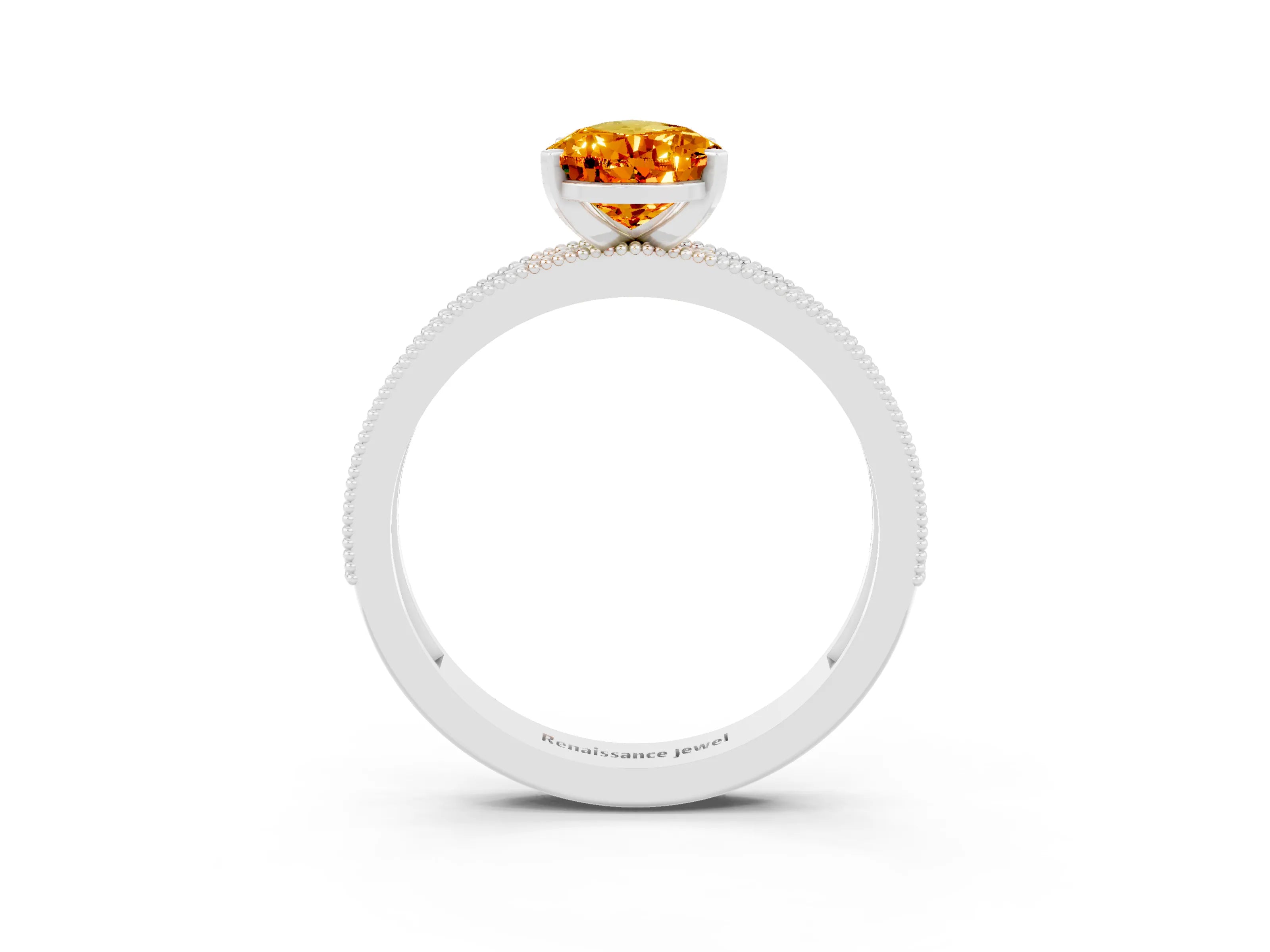 White gold Pear Cut Citrine Milgrain Pavé Engagement Ring with Four-Prong Setting_3