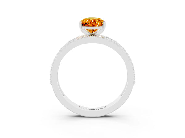 White gold Pear Cut Citrine Milgrain Pavé Engagement Ring with Four-Prong Setting