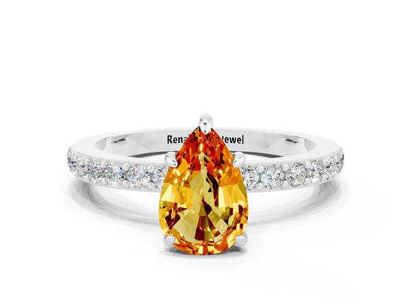 Silver Pear Cut Citrine Pavé Engagement Ring with Round  Accents and Prong Setting