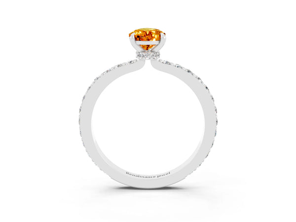 Platinum Pear Cut Citrine Pavé Engagement Ring with Round  Accents and Prong Setting