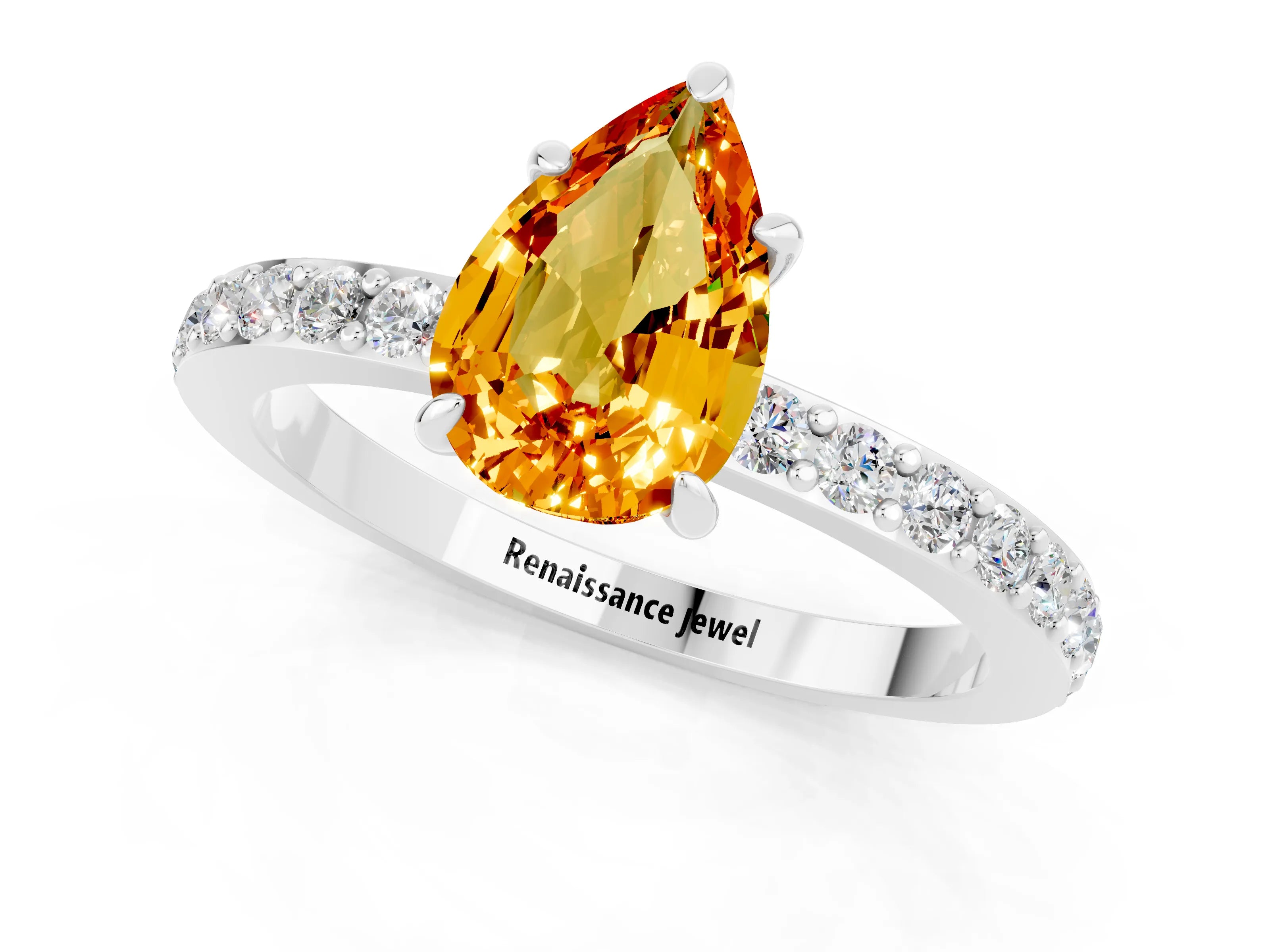 White gold Pear Cut Citrine Pavé Engagement Ring with Round  Accents and Prong Setting_25