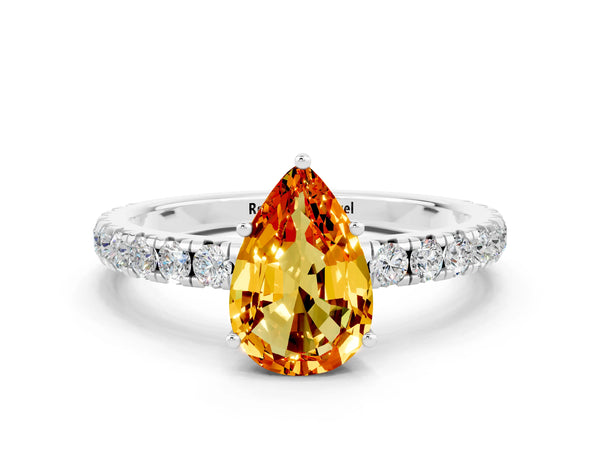 Silver Pear Cut Citrine Pavé Solitaire Engagement Ring with Four-Prong Setting