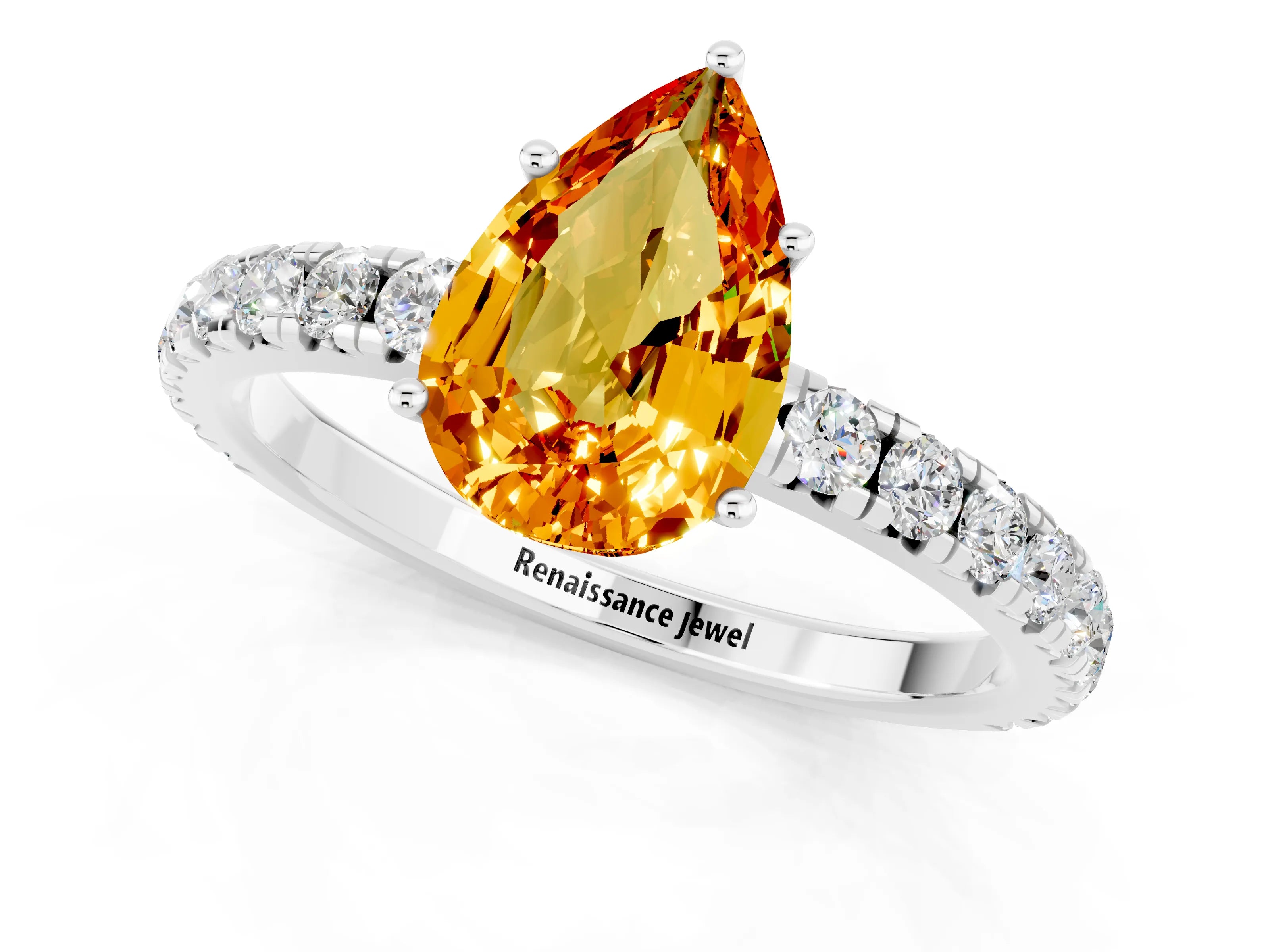 White gold Pear Cut Citrine Pavé Solitaire Engagement Ring with Four-Prong Setting_13