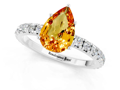 White gold Pear Cut Citrine Pavé Solitaire Engagement Ring with Four-Prong Setting_13