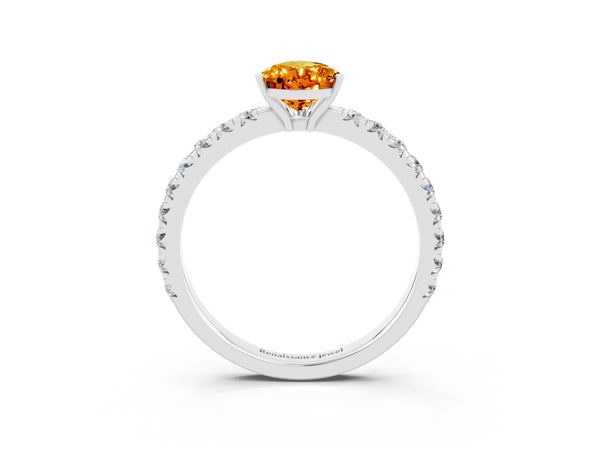 Silver Pear Cut Citrine Pavé Solitaire Engagement Ring with Four-Prong Setting