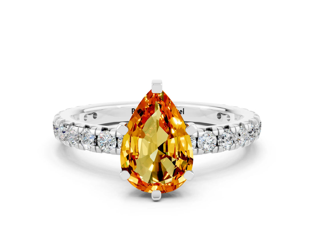 White gold Pear Cut Citrine Pavé Solitaire Ring with Round Band and Prong Setting_12