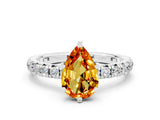 White gold Pear Cut Citrine Pavé Solitaire Ring with Round Band and Prong Setting_12