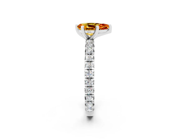 Silver Pear Cut Citrine Pavé Solitaire Ring with Round Band and Prong Setting