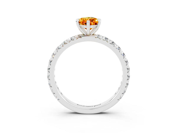 Silver Pear Cut Citrine Pavé Solitaire Ring with Round Band and Prong Setting