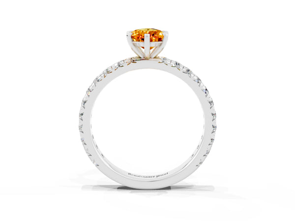 White gold Pear Cut Citrine Pavé Solitaire Ring with Round Band and Prong Setting
