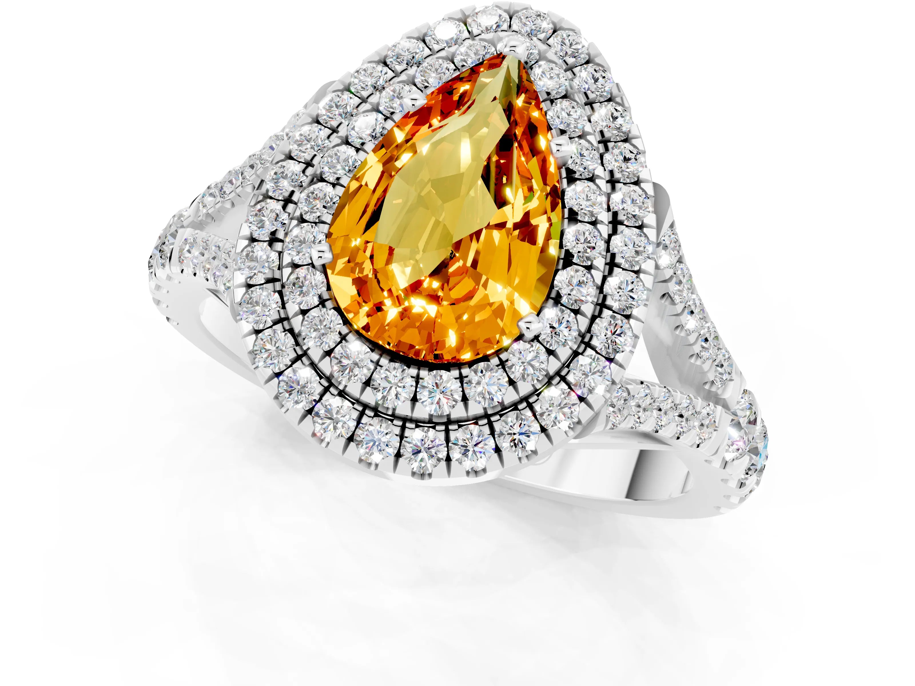 White gold Pear Cut Citrine Pavé Split Shank Double Halo Engagement Ring_1