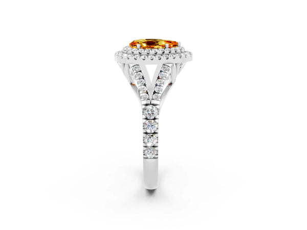 White gold Pear Cut Citrine Pavé Split Shank Double Halo Engagement Ring