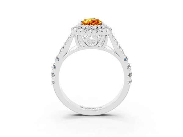 Platinum Pear Cut Citrine Pavé Split Shank Double Halo Engagement Ring