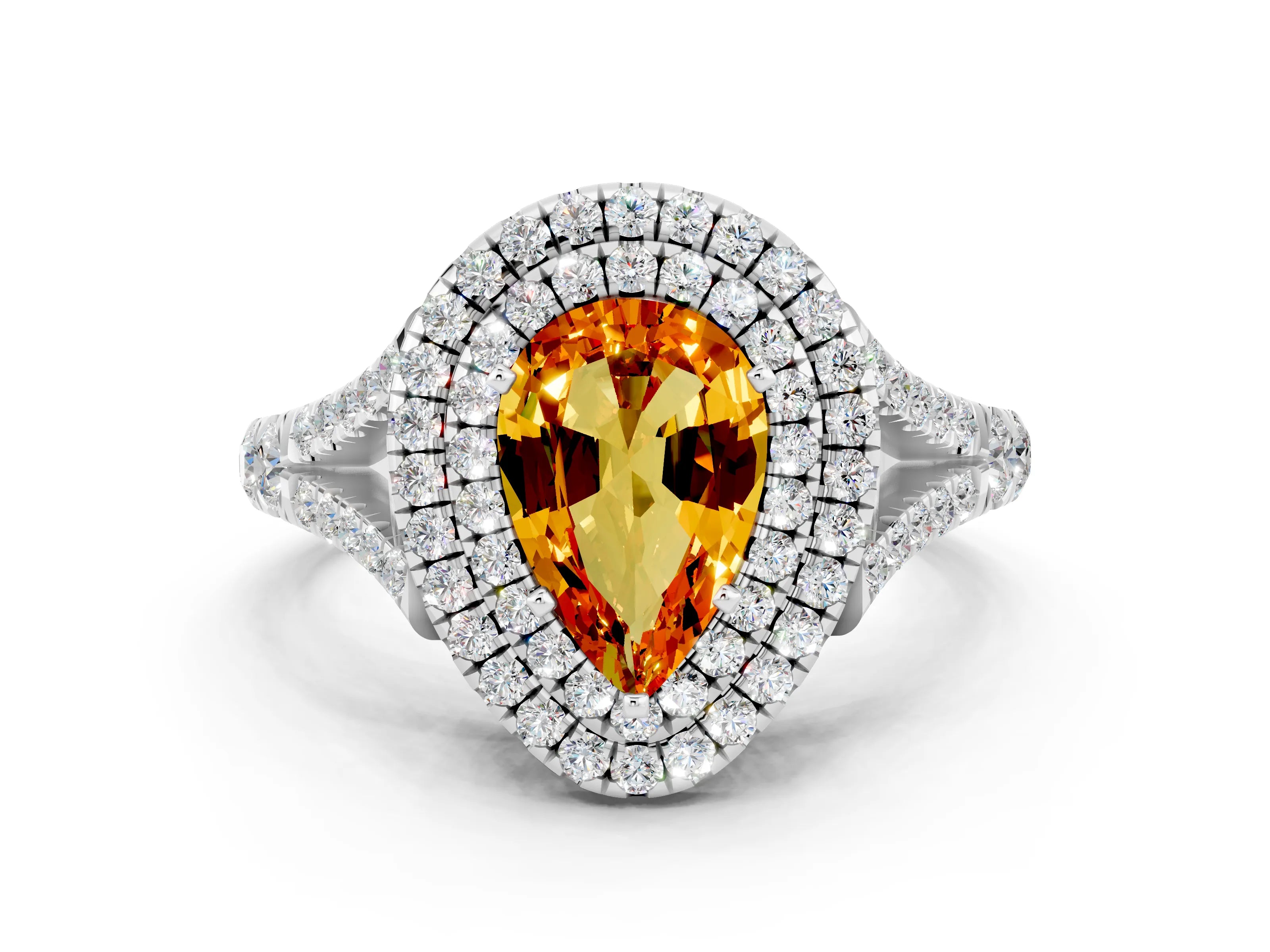 White gold Pear Cut Citrine Pavé Split Shank Double Halo Engagement Ring
