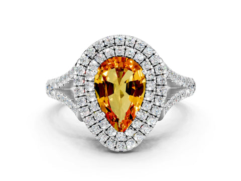 White gold Pear Cut Citrine Pavé Split Shank Double Halo Engagement Ring