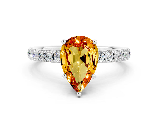 Platinum Pear Cut Citrine Pave Band Solitaire Ring with Round  and Prong Setting