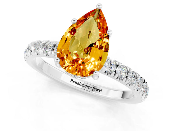 Silver Pear Cut Citrine Pave Band Solitaire Ring with Round  and Prong Setting