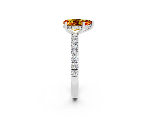 Platinum Pear Cut Citrine Pave Band Solitaire Ring with Round  and Prong Setting