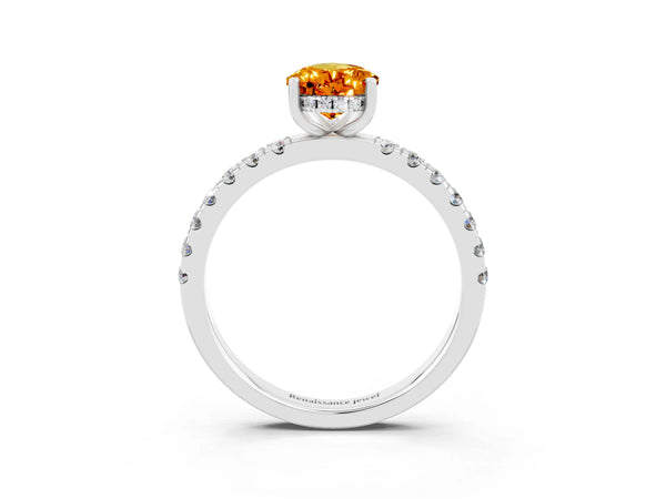Platinum Pear Cut Citrine Pave Band Solitaire Ring with Round  and Prong Setting