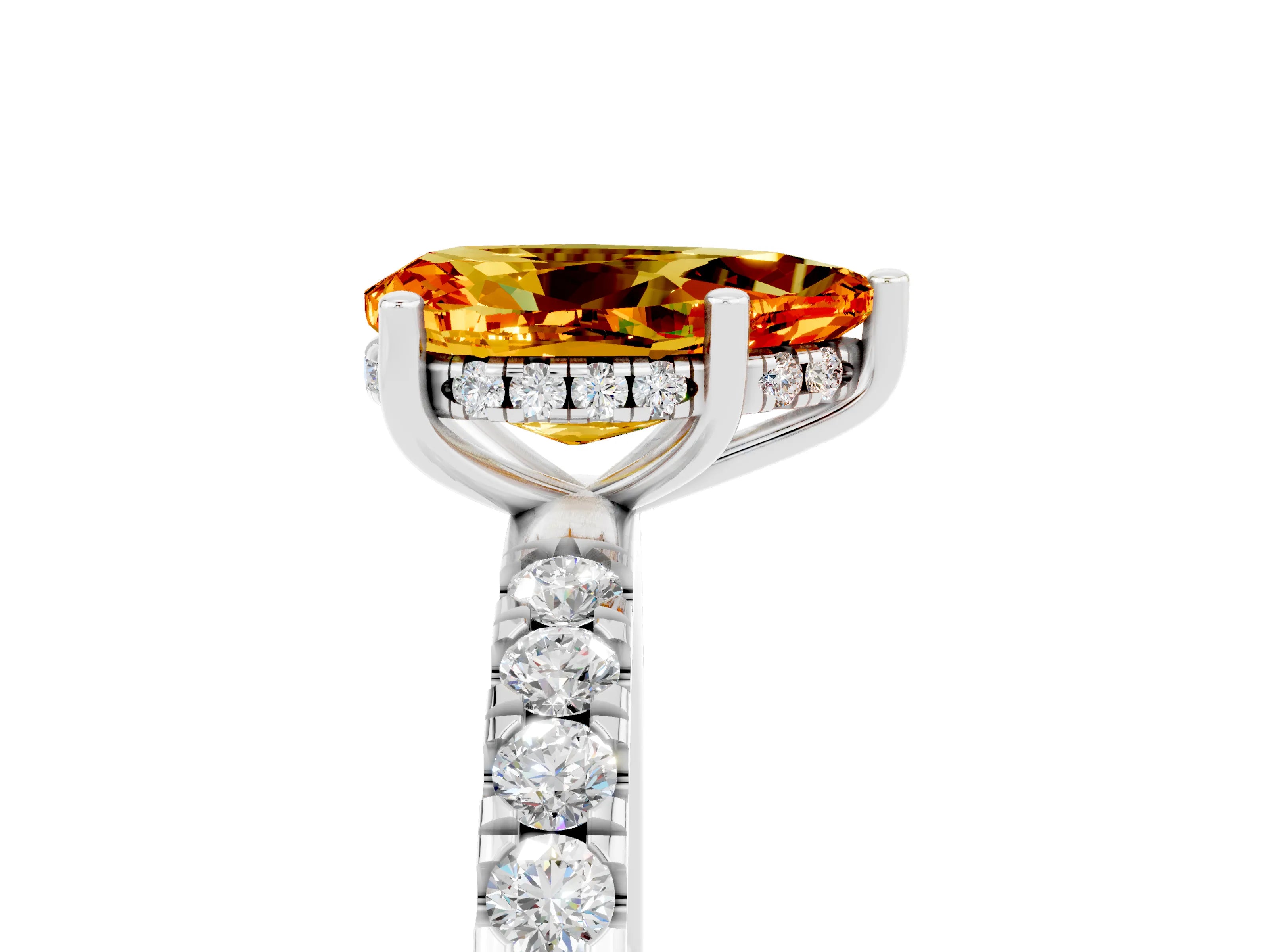 White gold Pear Cut Citrine Pave Band Solitaire Ring with Four-Prong Setting_29