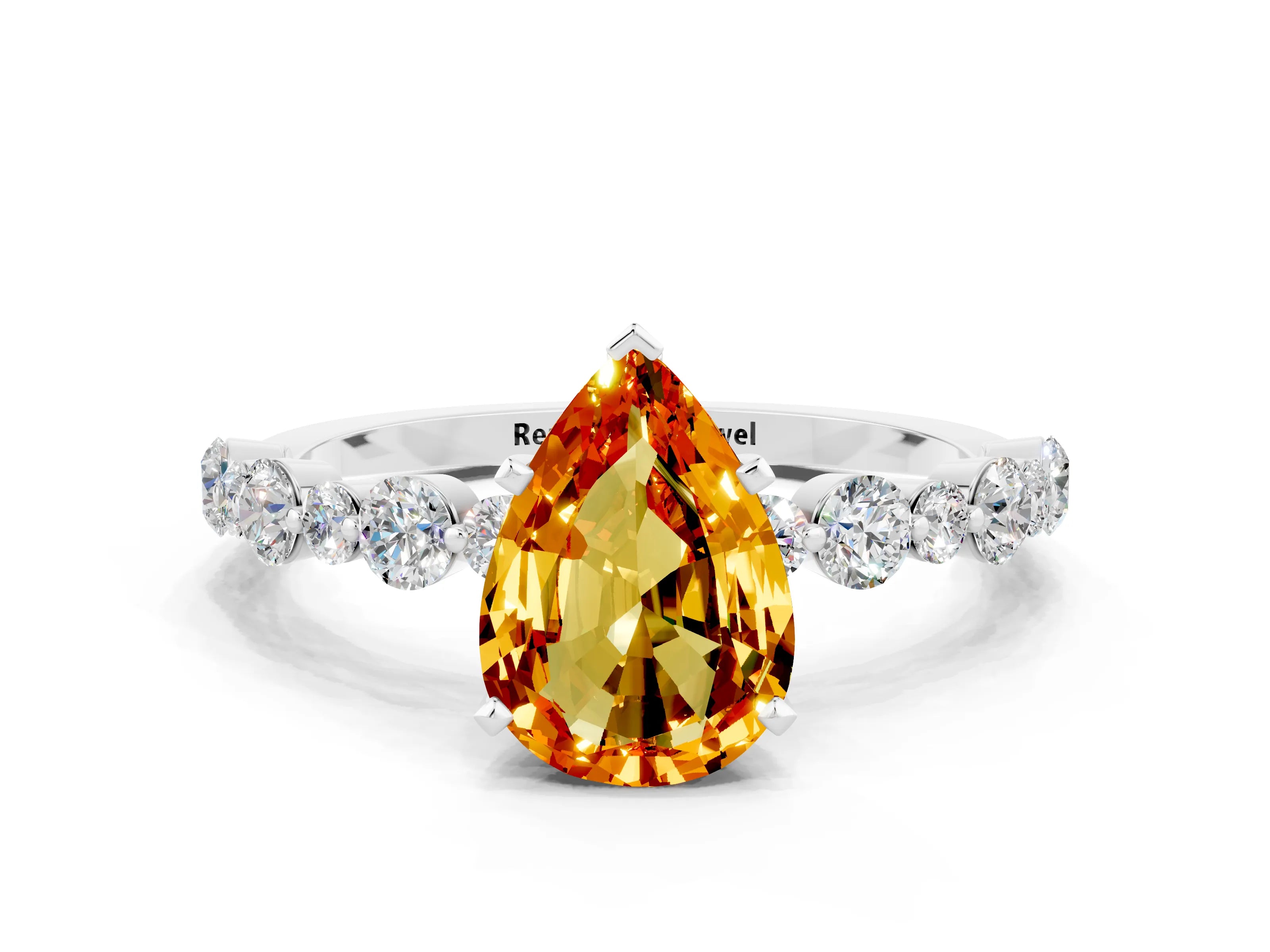 White gold Pear Cut Citrine Prong Set Engagement Ring with Pavé Band